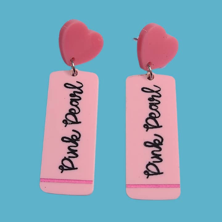 Pink Pearl Eraser Teacher - Laser Cut Acrylic Statement Earrings for wholesale by Mini Kitty Designs