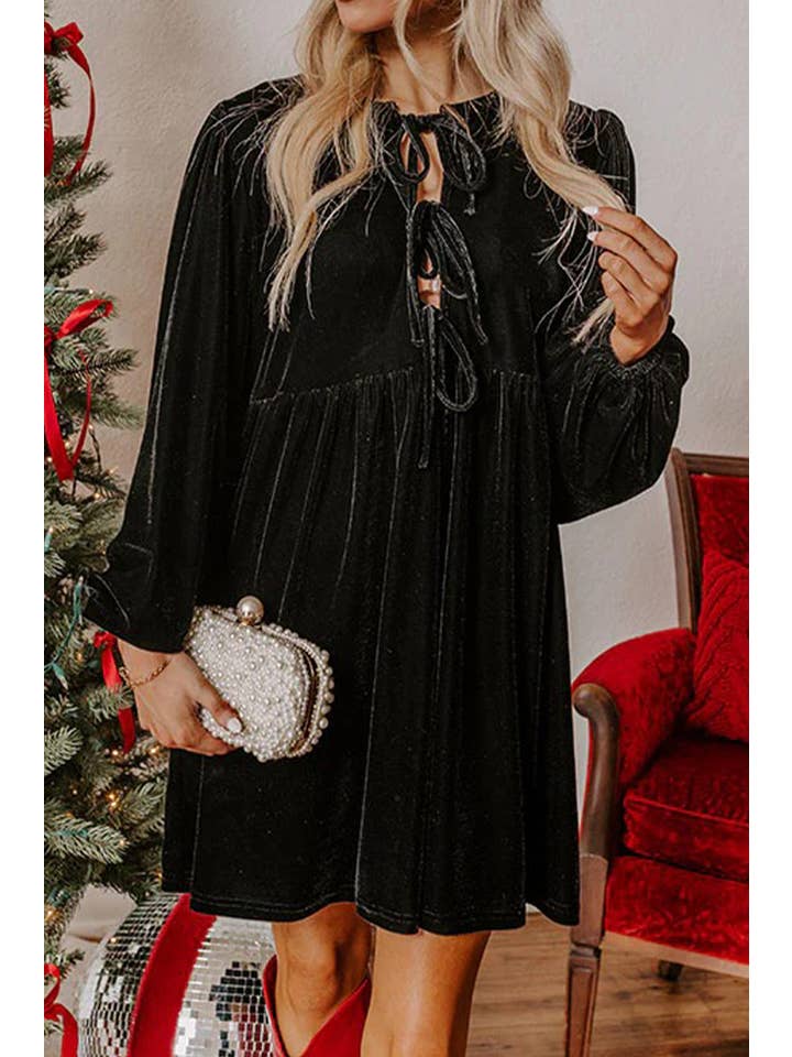 66DISCO - Wholesale Dress - Women's - Front Tie Velvet Bubble Sleeve Mini Dress (S-XL)