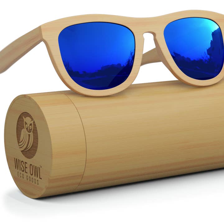 Natural Wood zonnebril - Blauwe lens voor wholesale door Wise Owl Eco Goods