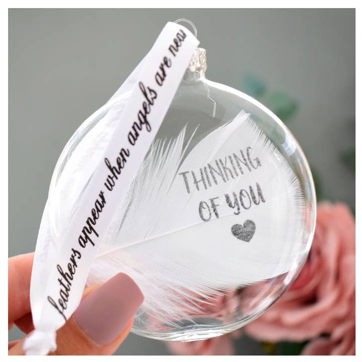 Amaya Rose Ltd. - Wholesale Ornament - THINKING OF YOU Bauble Glass Round. Real White Feather