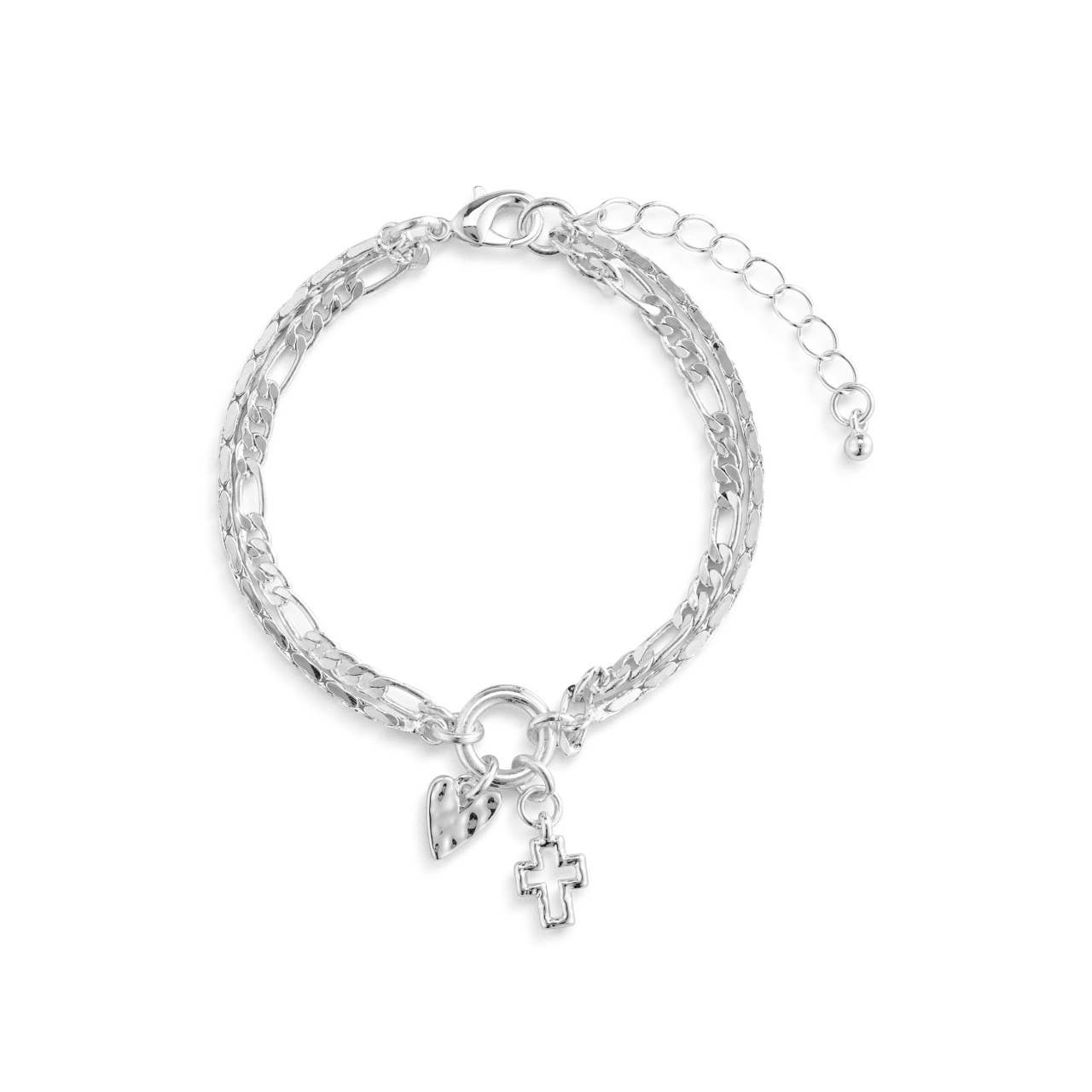 DEMDACO - Wholesale Charm/Dangle Bracelet - Heart + Cross Silver Charm Layered Bracelet 6.5in