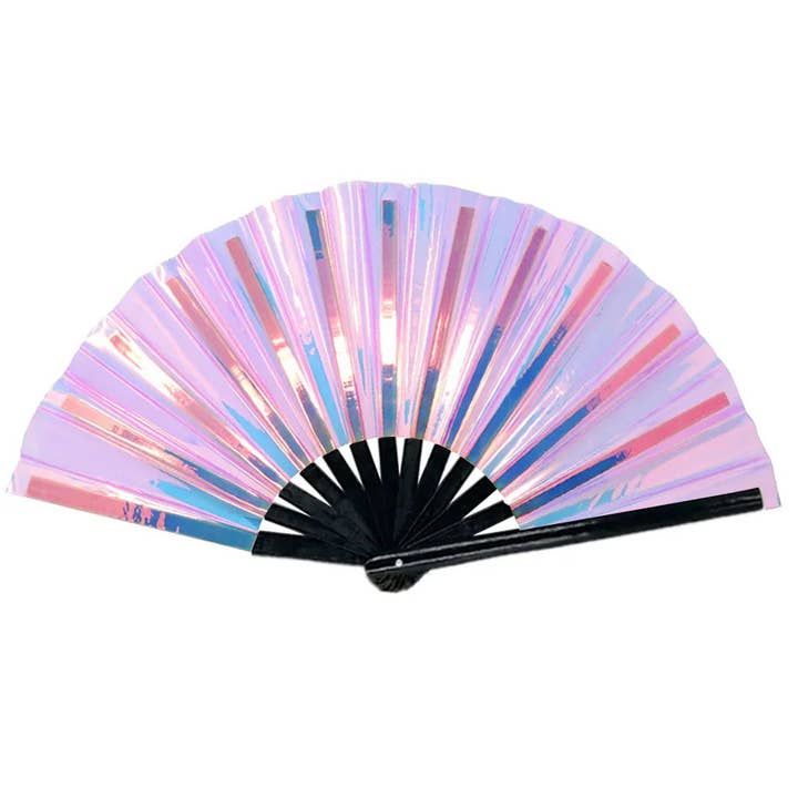 Esoteric London – wholesale Handheld folding fan – Iridescent Giant Hand Fan With Black Bamboo Handle2