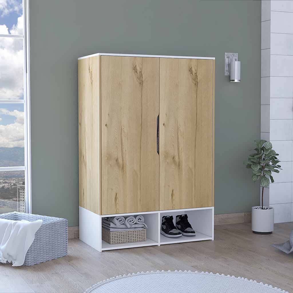 Light Oak White Rosie armoire, two open shelves, double door, hanging rod for wholesale on Faire2