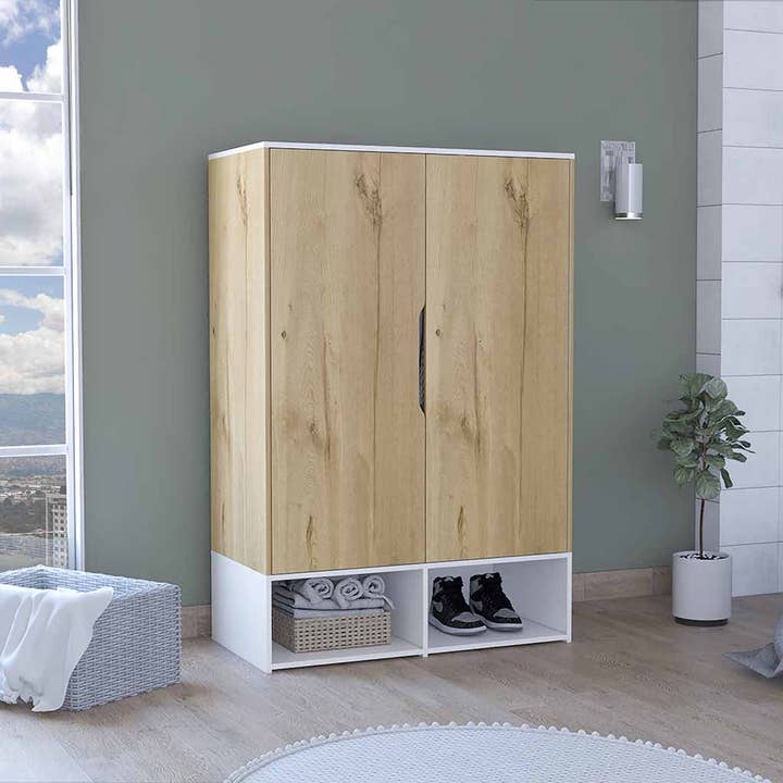 Light Oak White Rosie armoire, two open shelves, double door, hanging rod for wholesale on Faire2