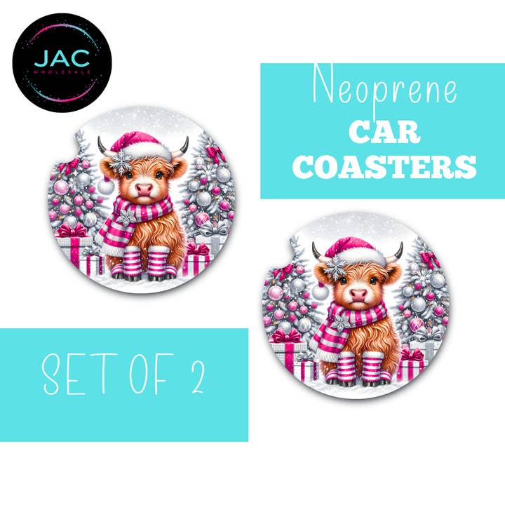 Sous-verres de voiture de Noël Pink Heifer pour la vente par JAC Wholesale