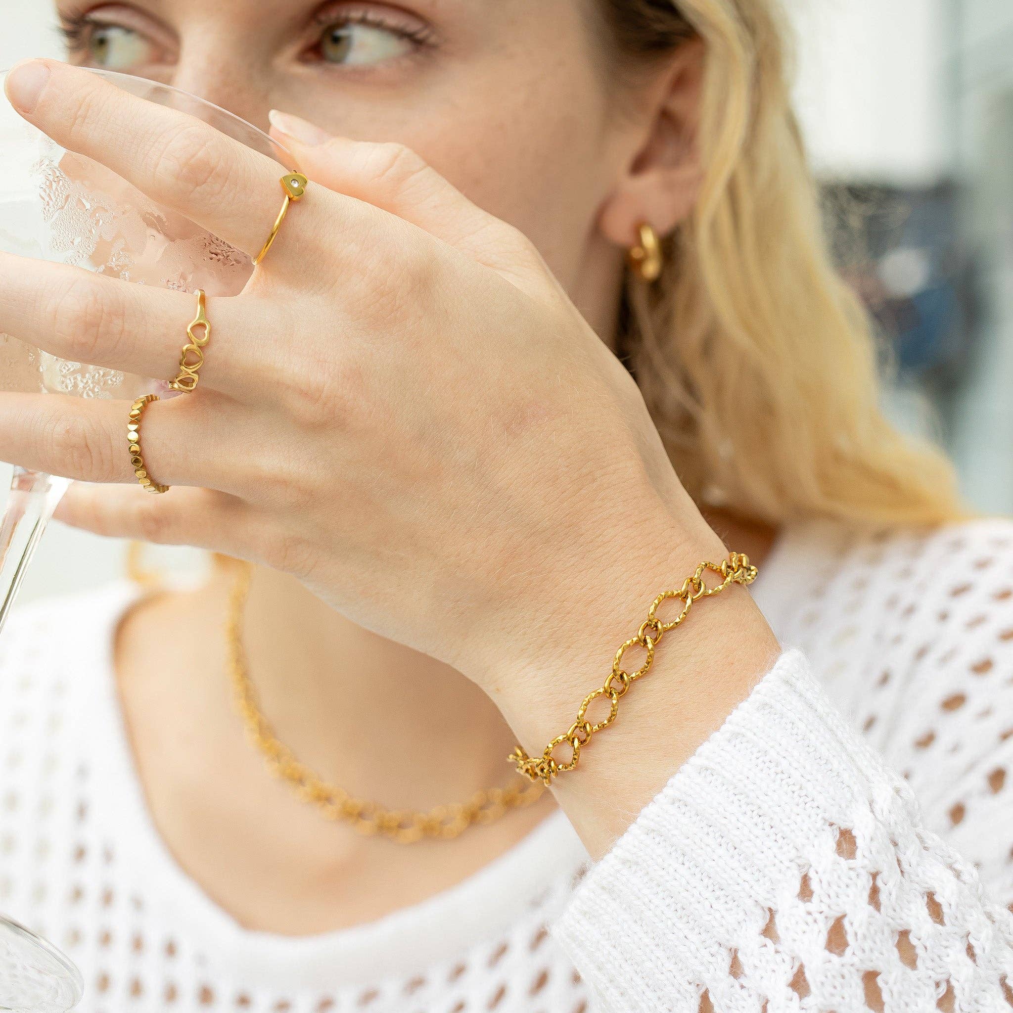 WJW - Wholesale Link & Chain Bracelet - 18K Gold PVD Stainless Steel Hammered Oval Chain Bracelet4