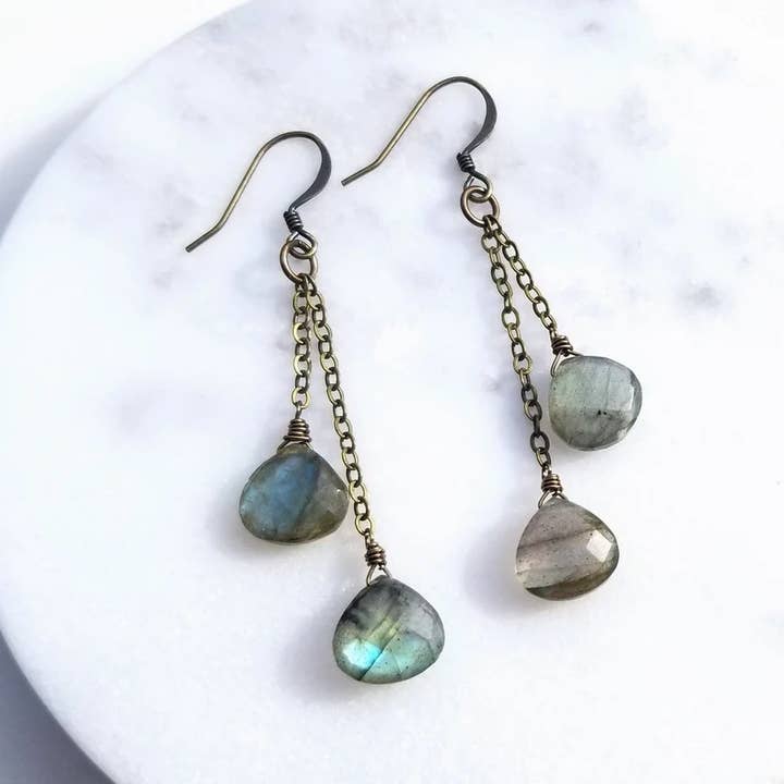 Pendientes colgantes de cadena con múltiples piedras preciosas de labradorita para venta al por mayor de Edgy Petal Jewelry