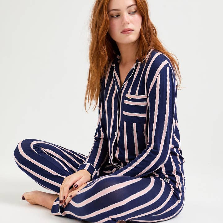 Bamboo Long Pyjama Set in Midnight Stripe and other Purchase wholesale plain pyjamas. Free returns & net 60 terms on Faire trending on Faire.