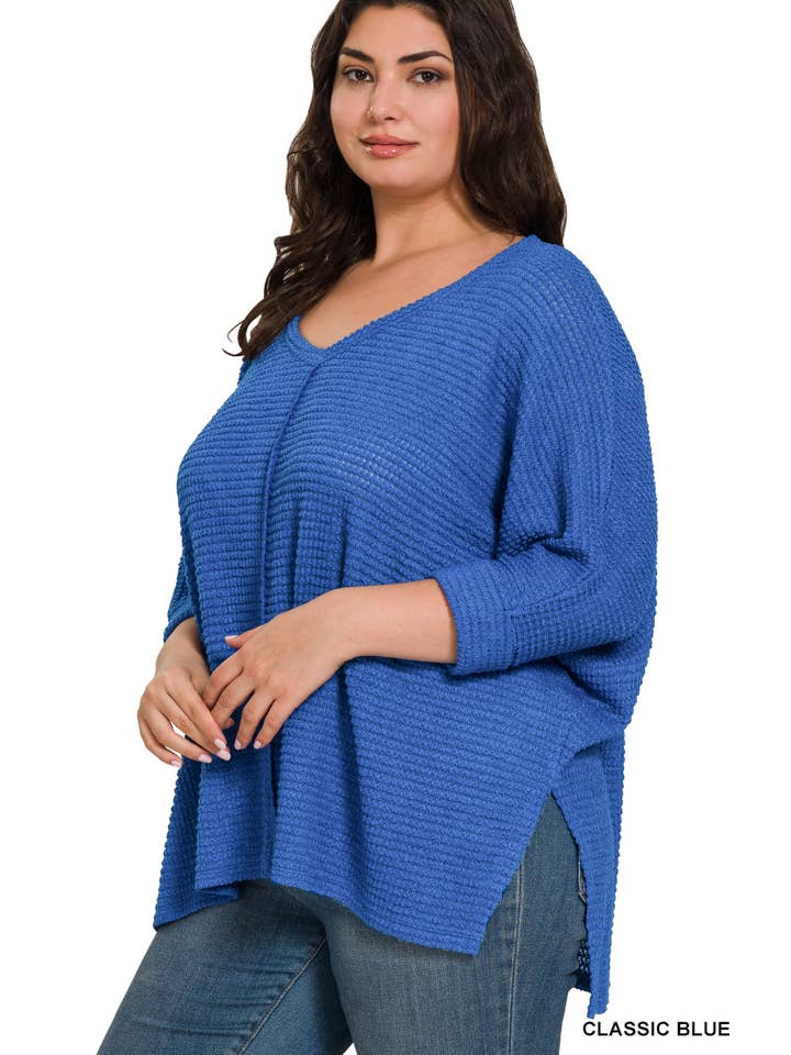 BLACK  ",,..PLUS SIZE 3/4 SLEEVE V-NECK HI-LOW HEM JACQUARD SW for wholesale on Faire11