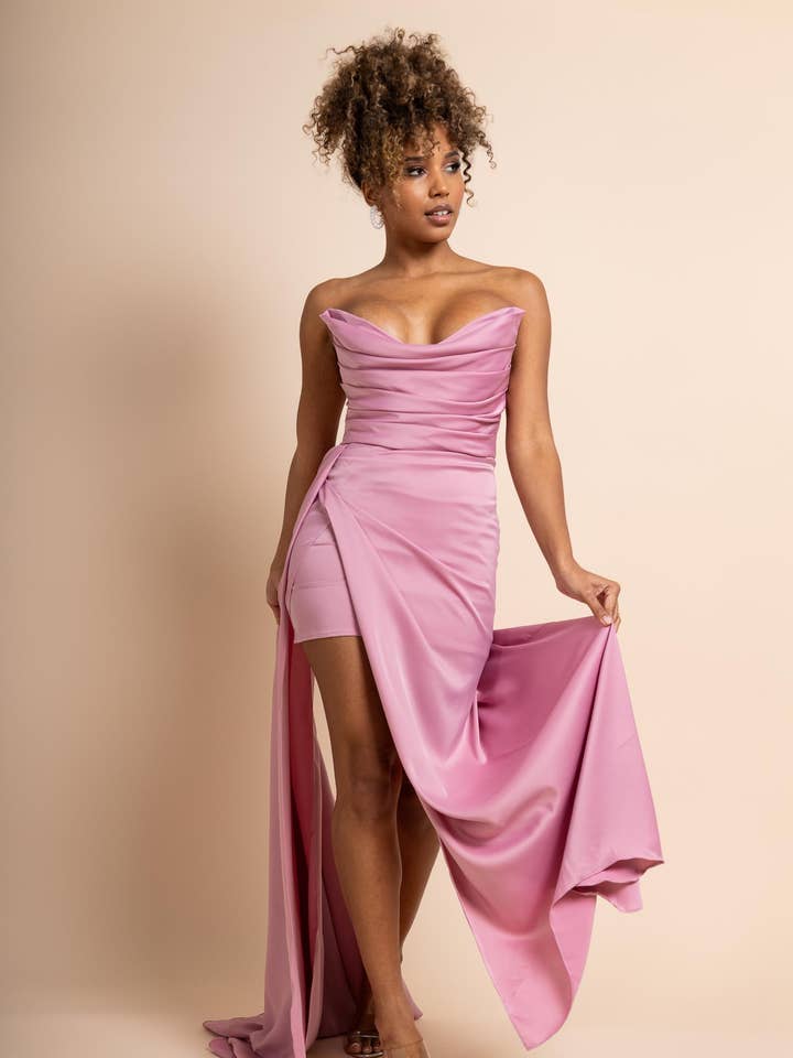 Roze satijnen strapless cocktailavondjurk voor wholesale door Promarried