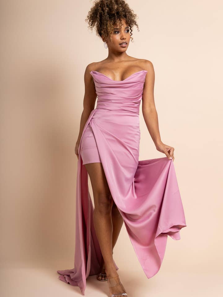 Pink satin strapless cocktail evening dress for wholesale by Promarried