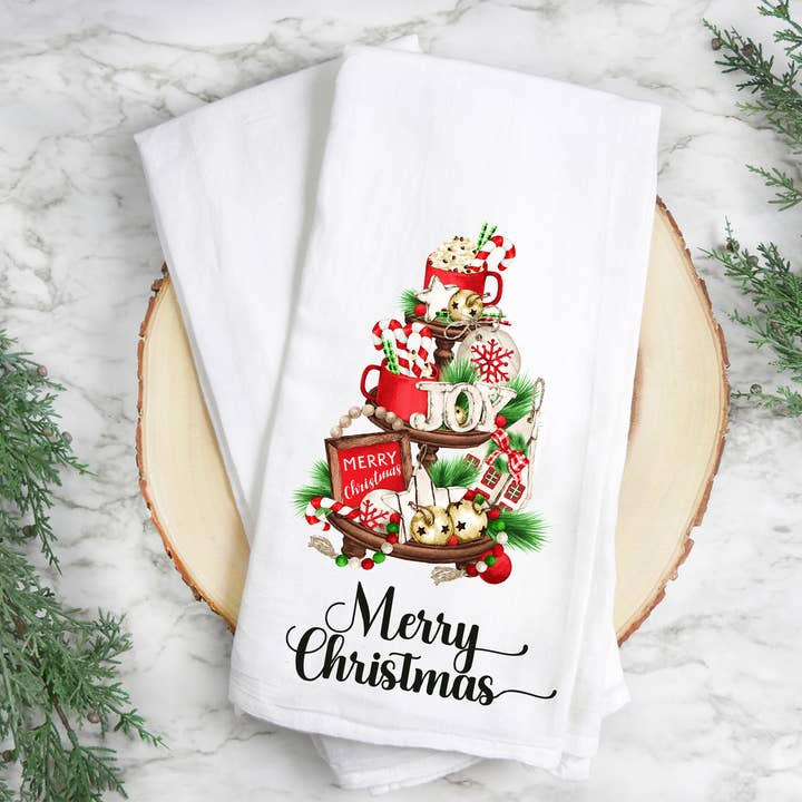 Merry Christmas tier tray Flour Sack hand towel for wholesale by Shells Primitives/No Place Like Home