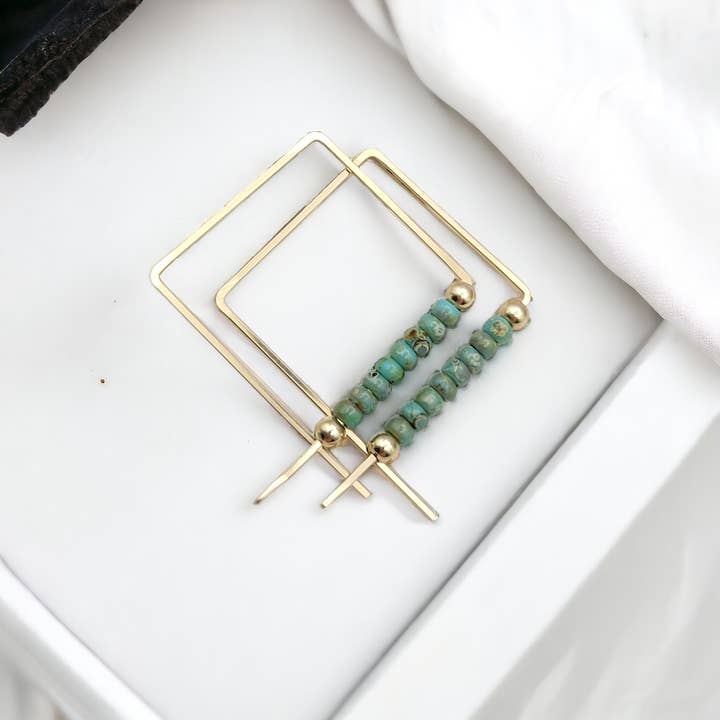 Gold Filled Geometric Hoops with Turquoise Seed Beads for wholesale by Bijou by SAM