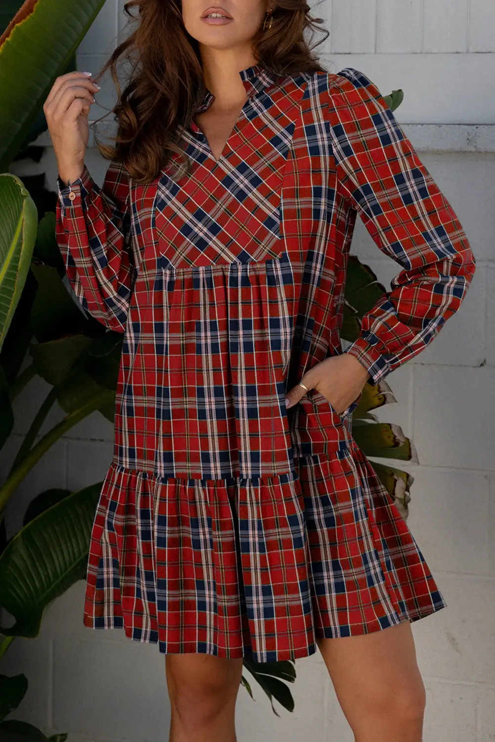 FULL TIME PURCHASE - Wholesale Dress - Women's - Plaid Print Frilly Collar Long Sleeve Shift Mini Dress2