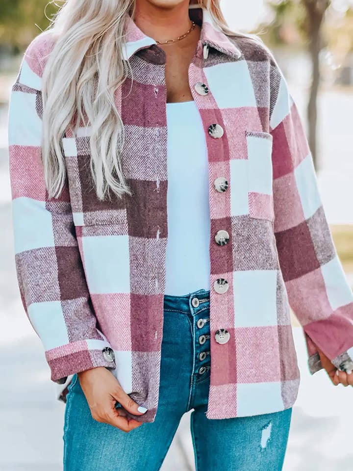 color block plaid jacket with pocket for wholesale by StyleGalX