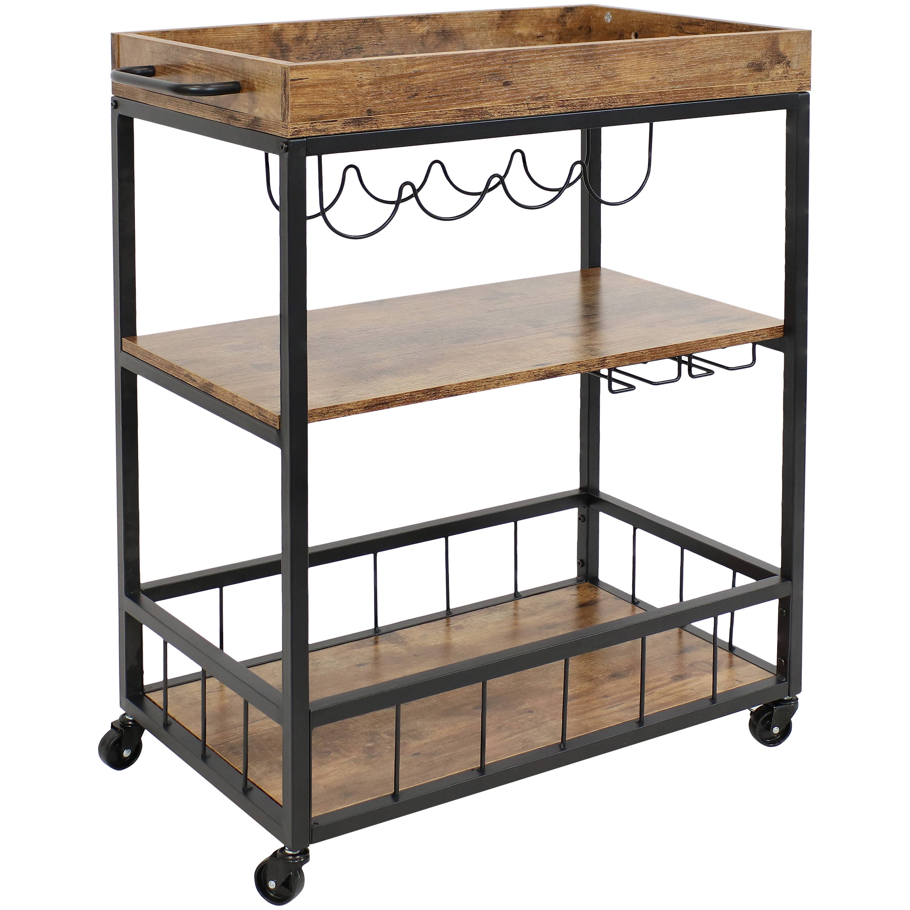 Sunnydaze Decor - Wholesale Bar Cart - 3-Tier Industrial Rolling Bar Cart with Wine Rack - 35 in1