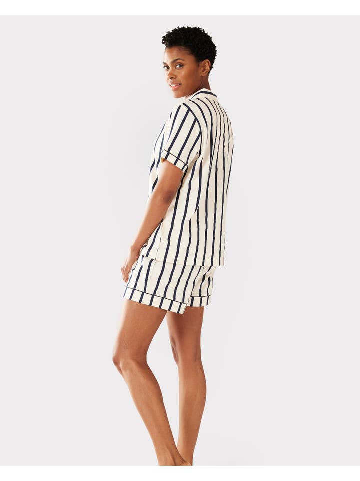 Organic Cotton Navy & Cream Stripe Print for wholesale on Faire