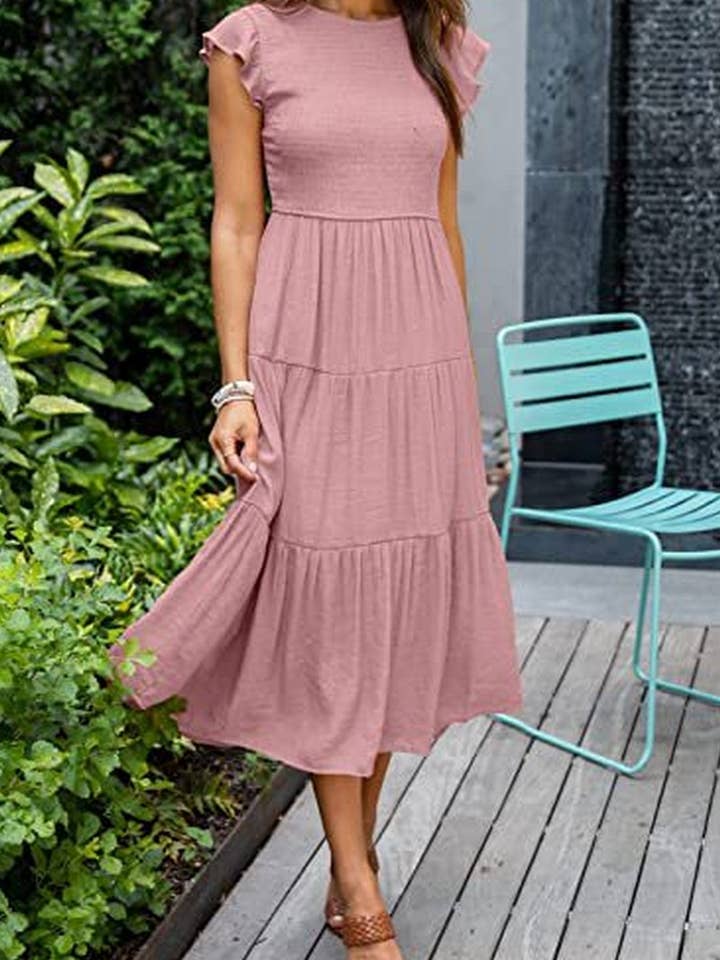 NINEXIS - Wholesale Dress - Women's - CWDMD2568_FLYING SLEEVE SHIRRED LAYERED SHORT SLEEVE DRESS4