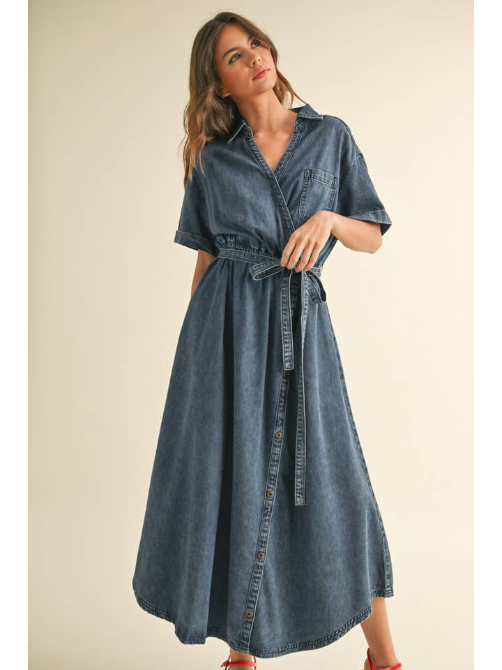 D4779 ASYMMETRIC BUTTON DETAIL DENIM SHIRT DRESS for wholesale on Faire