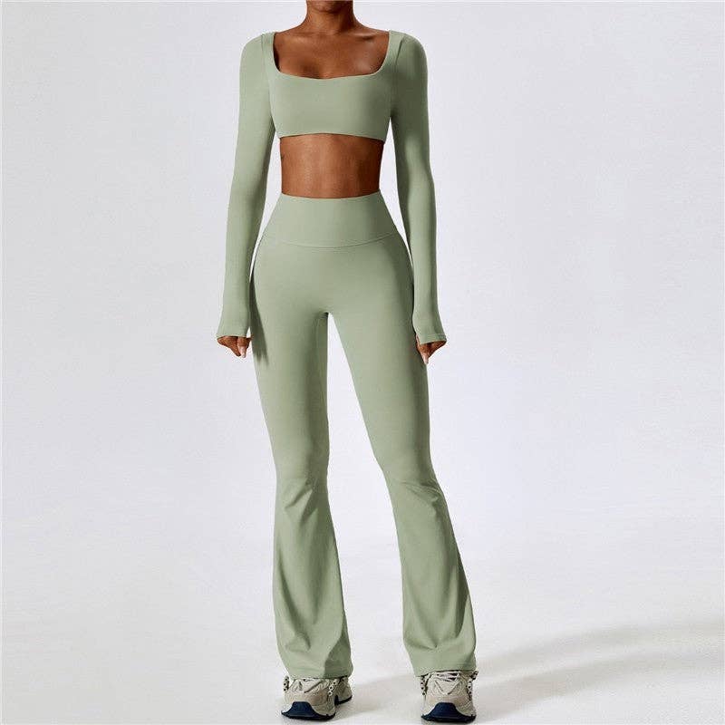 FurDecoration - Wholesale Activewear Set - Women's - Solid Color Square Neck Long Sleeve Cropped Top and Skinny Pants Set5