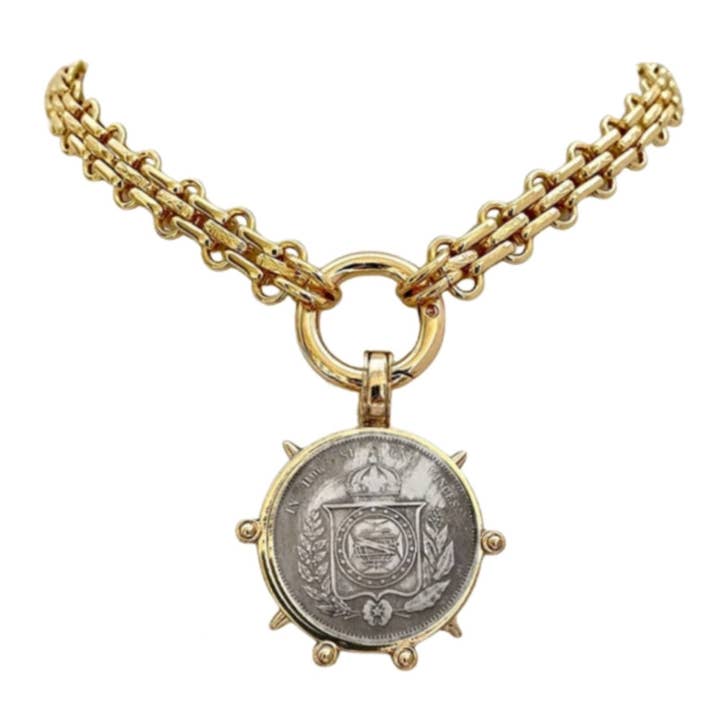 MizDragonfly - Wholesale Pendant/Charm Necklace - Bridgerton Family Crest Gold Coin Medallion Collar Statement Necklace