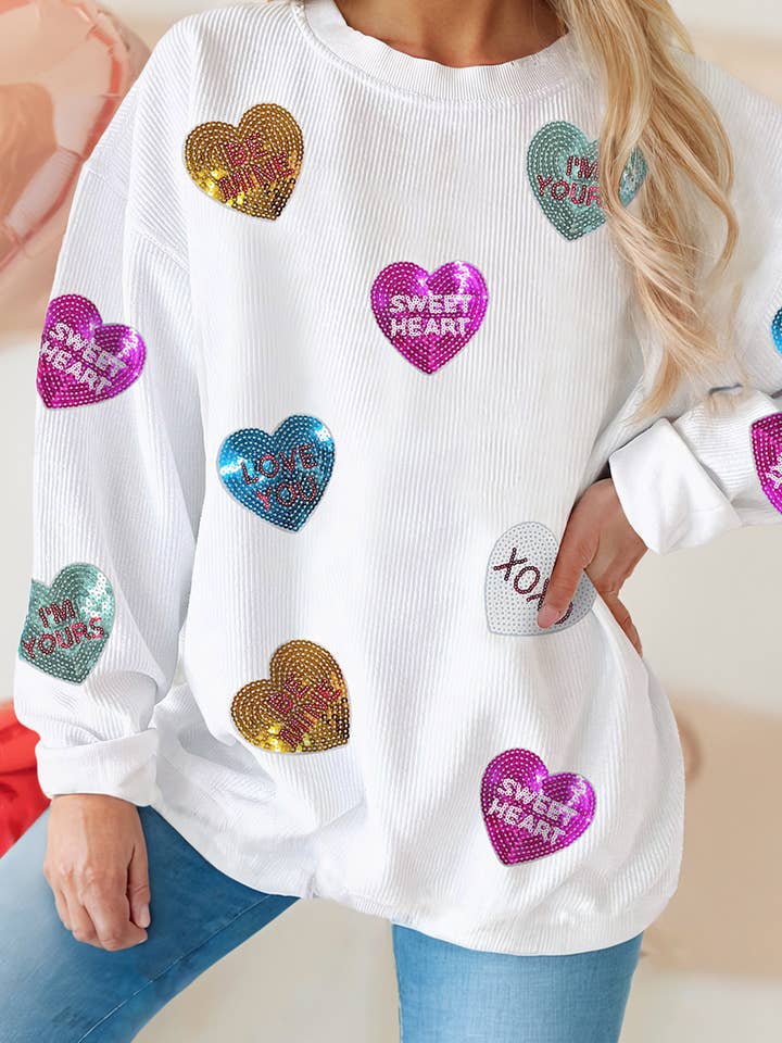 LDC Valentines Heart Patched Pattern Pullover Sweatshirt for wholesale by Little Daisy Closet