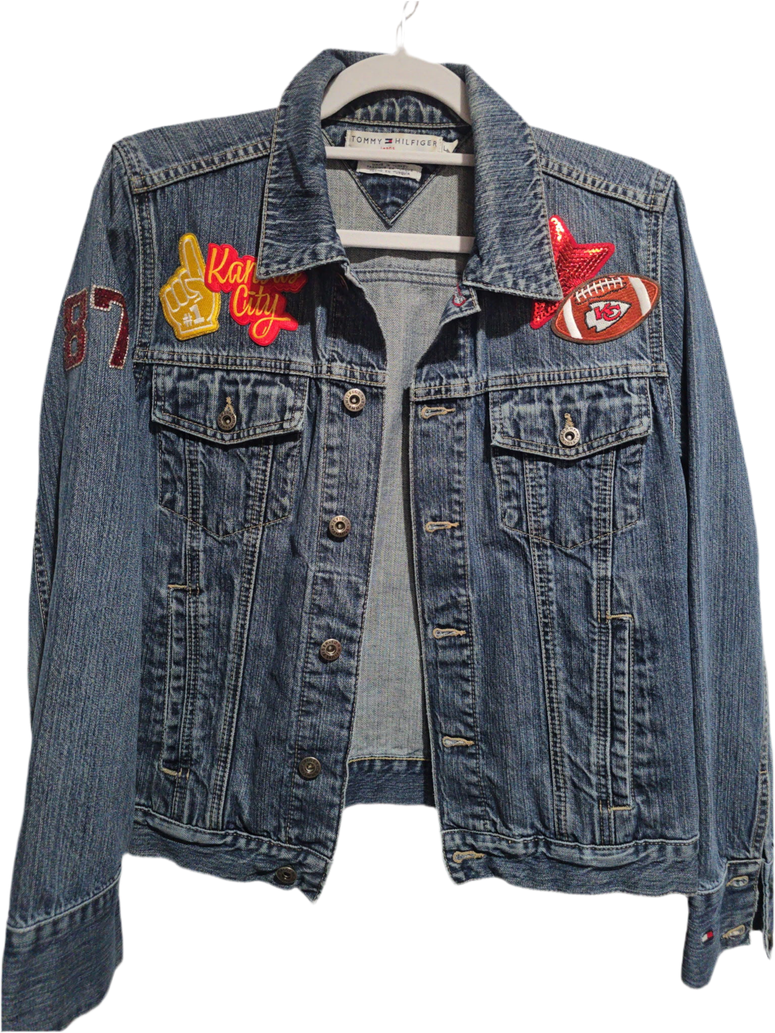 Patchwrx Customs Hat Bar - Wholesale Denim Jacket - Women's - KC Chiefs Football Jean Jacket, L Women’s1