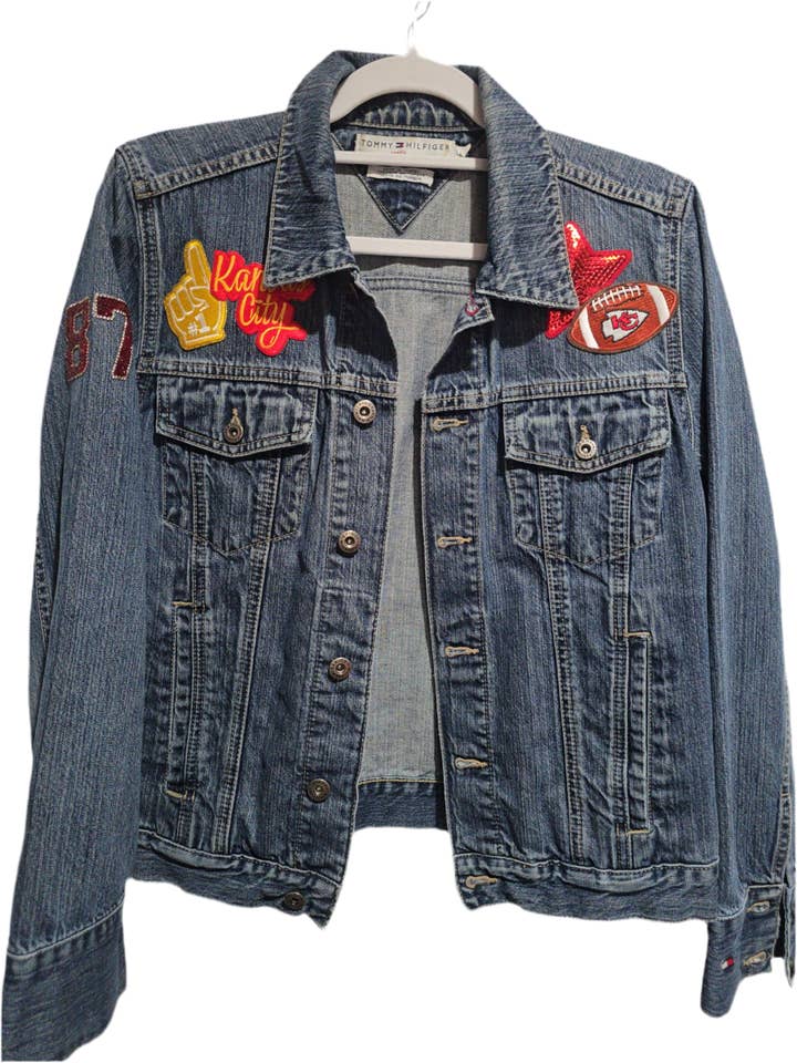Patchwrx Customs Hat Bar - Wholesale Denim Jacket - Women's - KC Chiefs Football Jean Jacket, L Women’s1