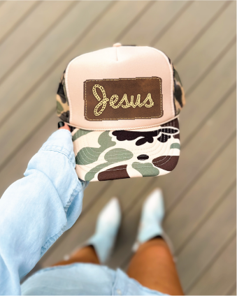 Southern Attitude Designs Inc - Wholesale Trucker Hat - Women's - Jesus Faux Leather Patch DTF Printed Duck Camo and Tan Trucker Hat0