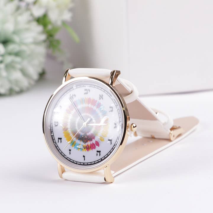 Watch - w/ Aleph Bais" White Handle Green face Gold rim for wholesale by A&M Judaica And Gifts