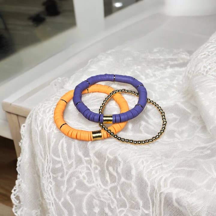 Fish Towne Designs, LLC - Wholesale Jewelry Set - Gold Purple Game Day Stack Bracelet, School Spirit Jewelry
