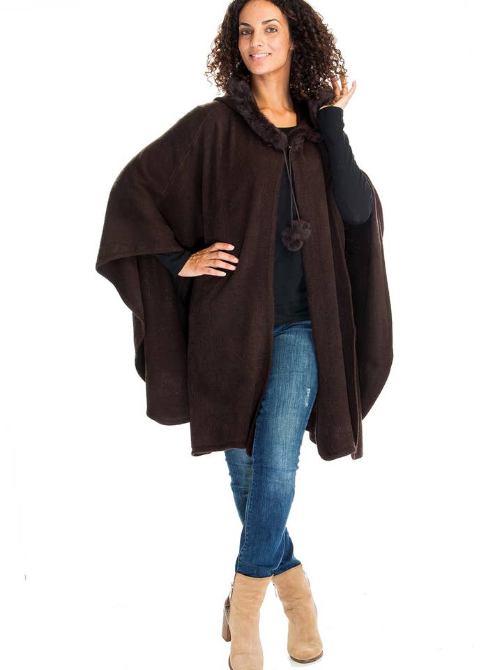 HOODIE PONCHO WITH RABBIT FUR TRIM for wholesale by DK Hawaii
