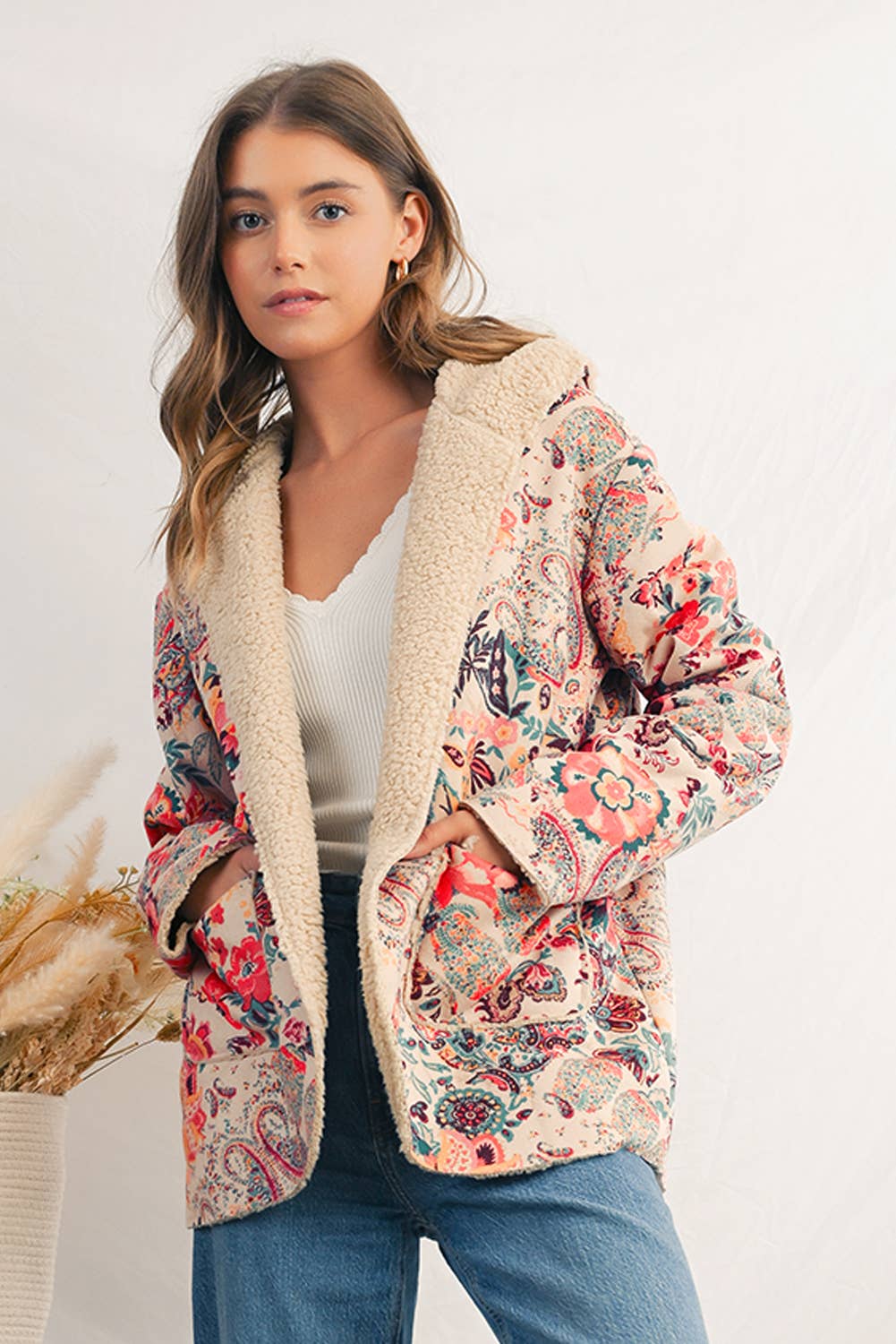 As shown Paisley Floral Print Sherpa Lined Hooded Jacket | S-XL for wholesale on Faire3