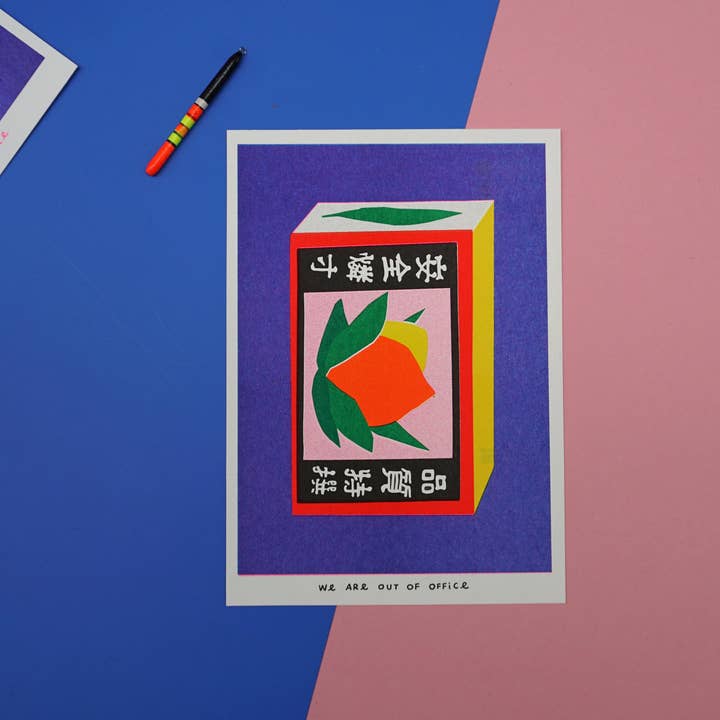 A risograph print of a Japanese matchstick box for wholesale by We are out of office