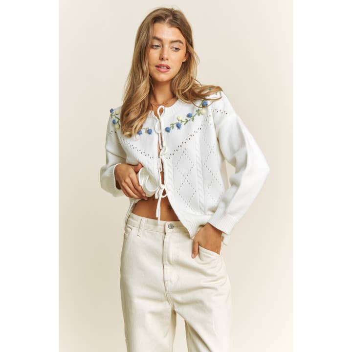 Off White CUTE 3D FLORAL EMBROIDERY ACCENT ON SHOULDER CARDIGAN WITH B for wholesale on Faire