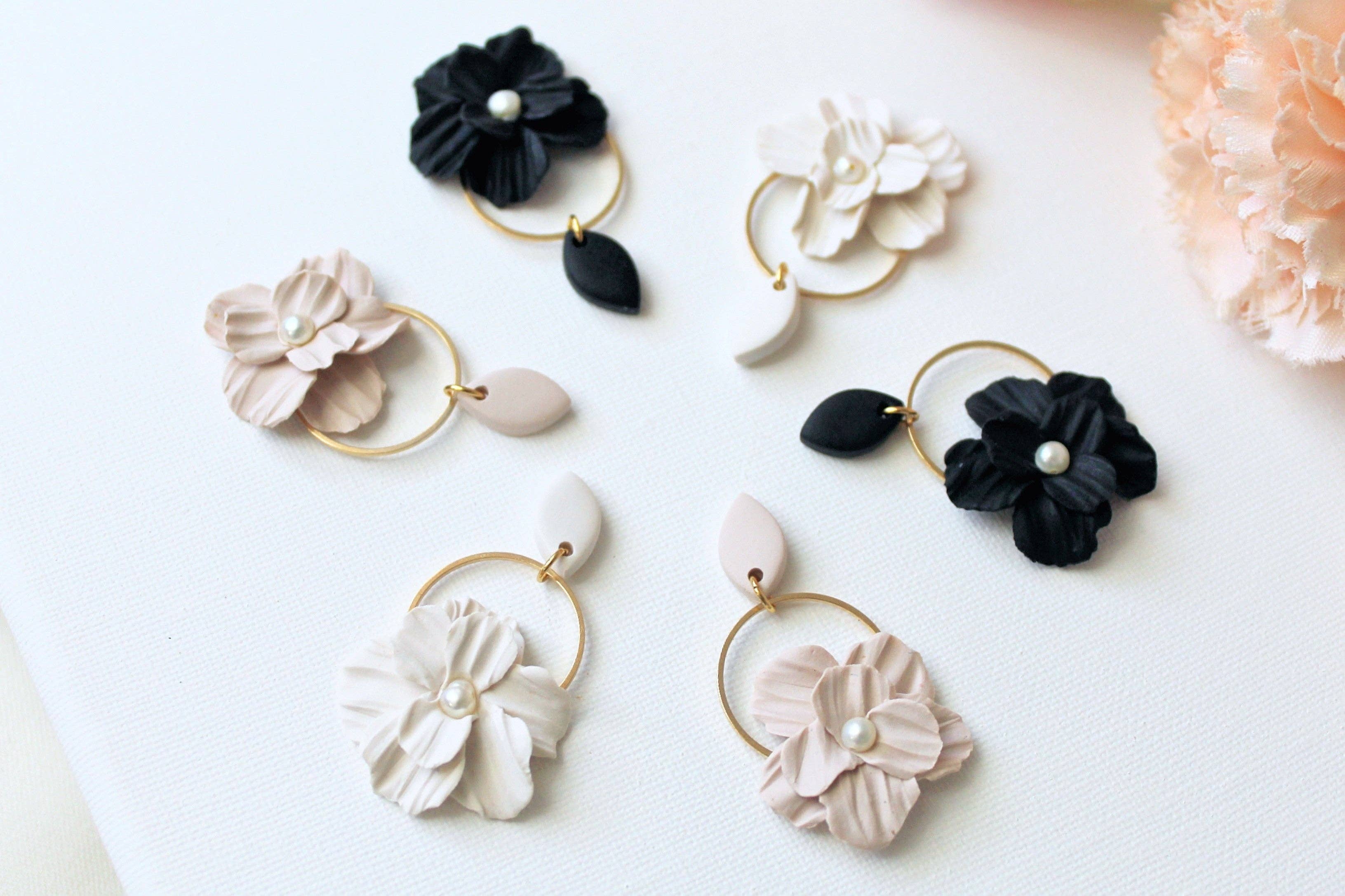Studio Niani - Wholesale Dangle Earrings - Flower Earrings, Polymer Clay Earrings, Neutral, Beige0