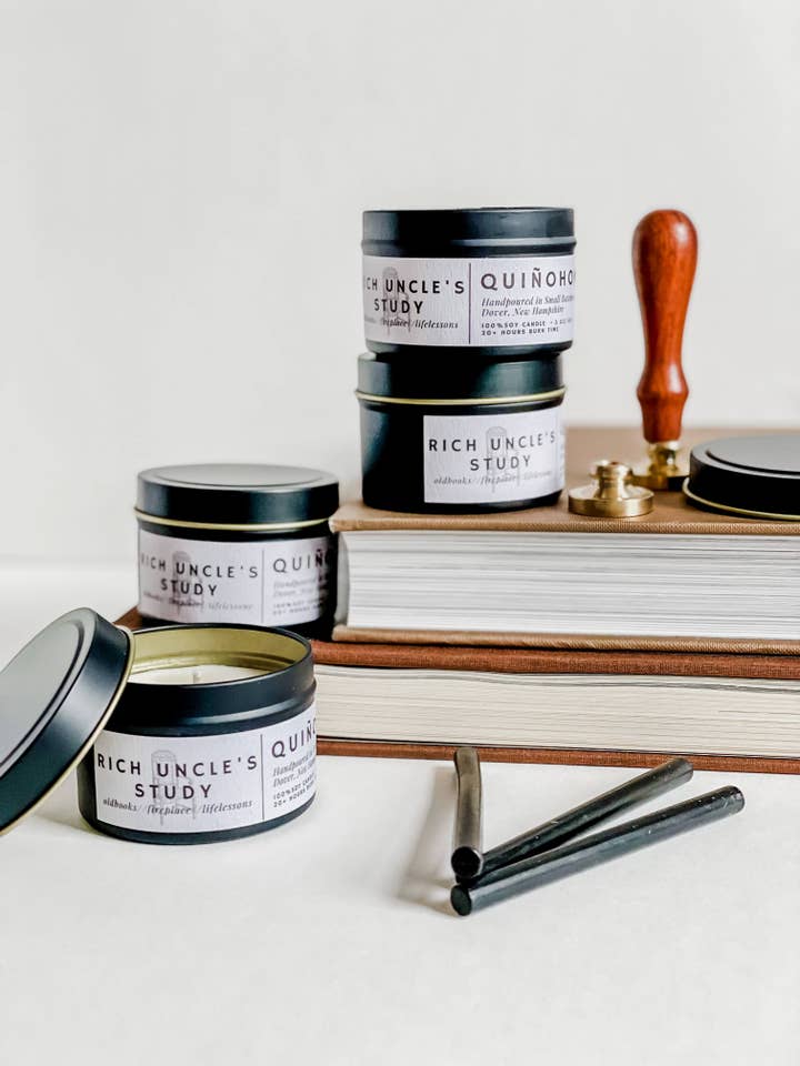 Rich Uncle's Study 3oz Soy Candle Travel Tin// Teakwood, Fireplace, Sandalwood// Hand Poured Soy Wax// Woodsy Candle// Gift Candle for wholesale by quiñohome