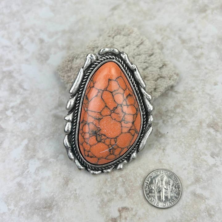 Western Elite Jewelry - Wholesale Cocktail/Statement Ring - RGY230225-01-ORANGE Large Silver oval with orange stone stretch Ring
