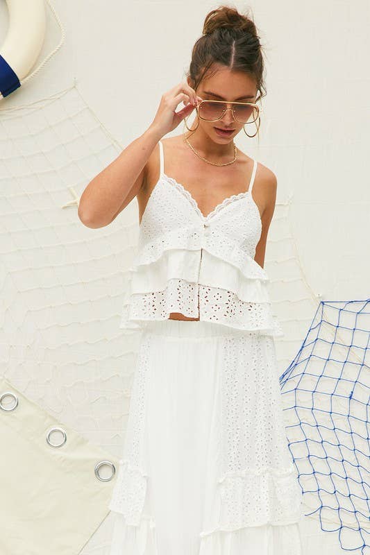 Off White Eyelet Ruffle Maxi Skirt for wholesale on Faire9