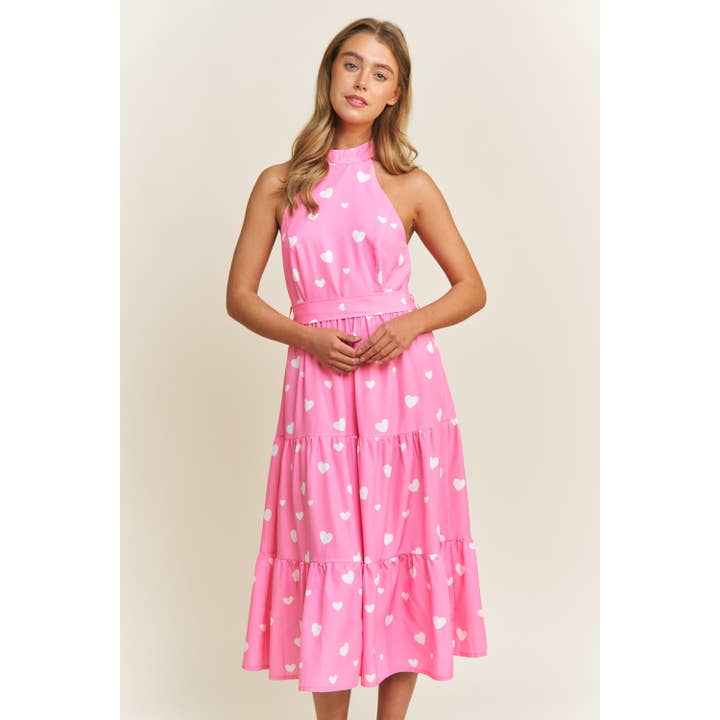 Sweet Generis - Wholesale Dress - Women's - SOFT WOVEN VALENTINE HEART PRINT HULTER NECK MIDI DRESS WITH