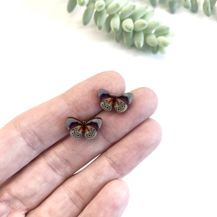 Blue butterfly studs, eco wood stud earrings for wholesale by Fen & Co