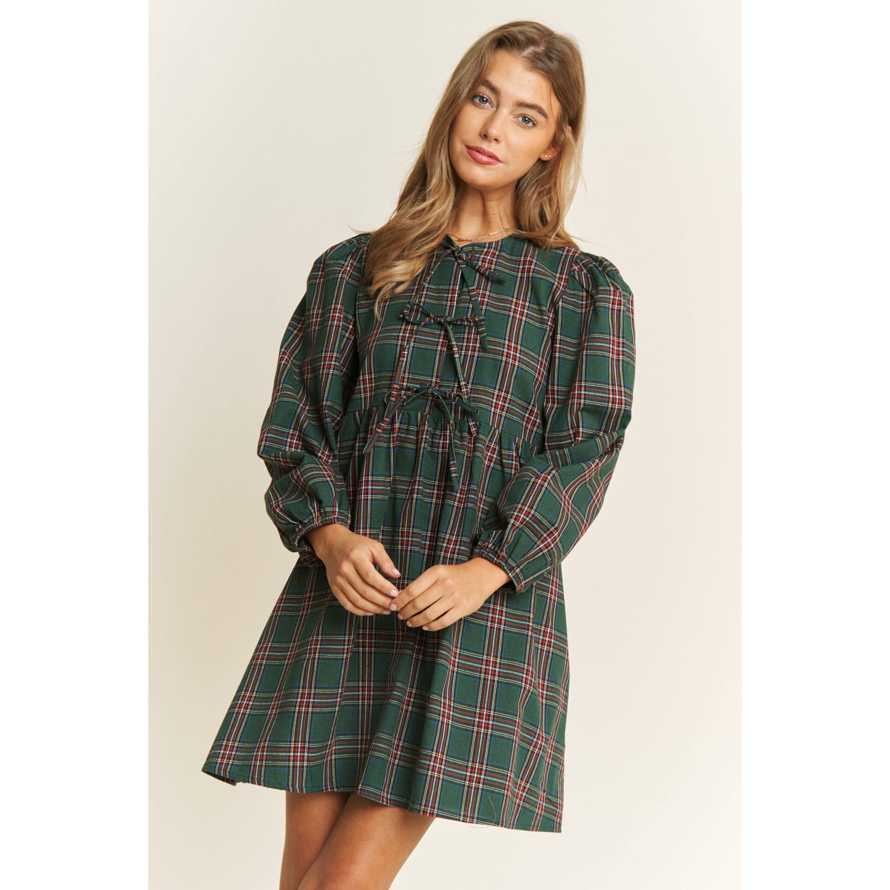 Sweet Generis - Wholesale Dress - Women's - SOFT PLAID WOVEN FABRIC BABYDOLL BOW MINI DRESS1