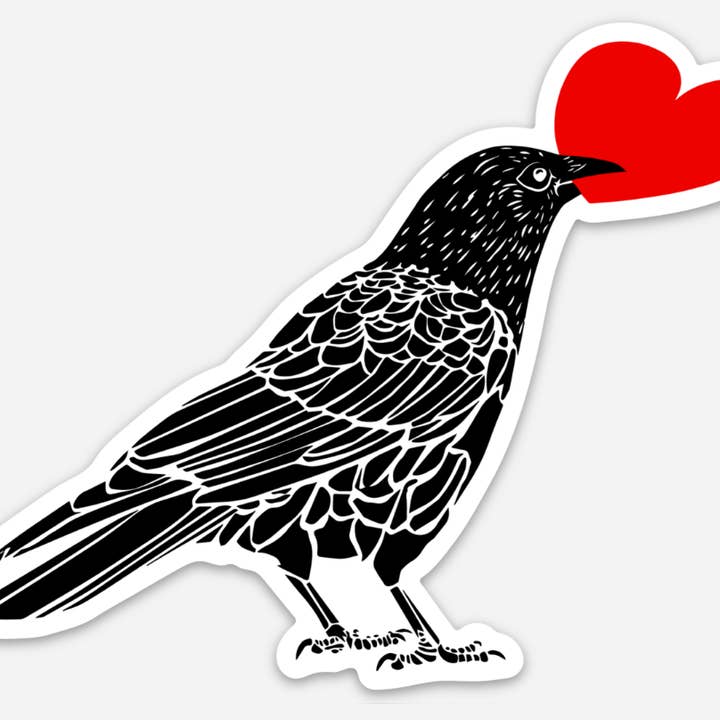 Crow Holding A Heart Vinyl Sticker for wholesale by Bellavance Ink