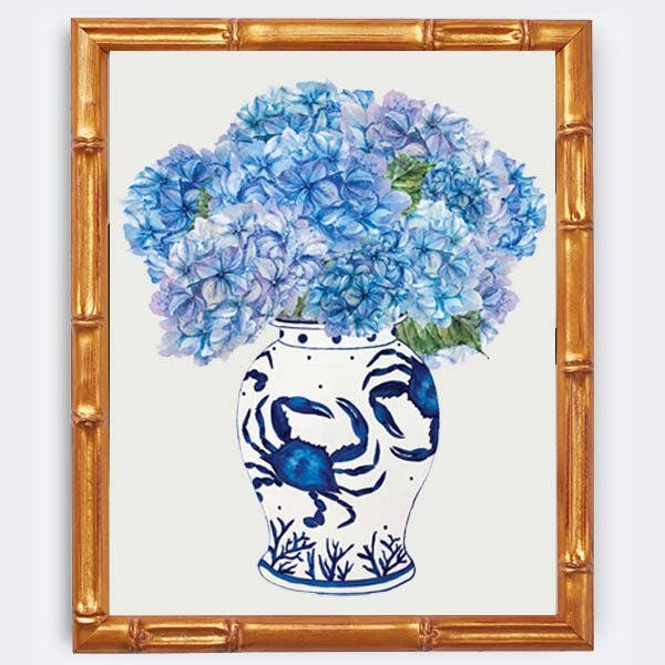 Art Print - "Chesapeake Blues" (hydrangeas in crab vase) for wholesale by B McVan Designs