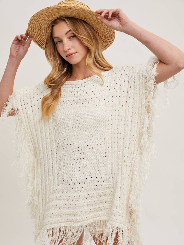 Bluivy - Wholesale Poncho - Women's - WESTERN FRINGED KNIT SWEATER PONCHO