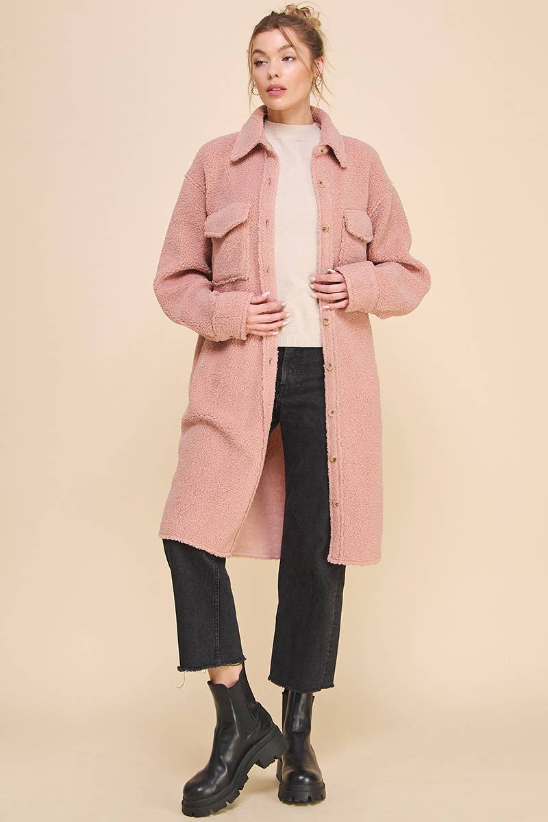 Dusty Rose Long Sherpa Shacket with Pockets for wholesale on Faire18