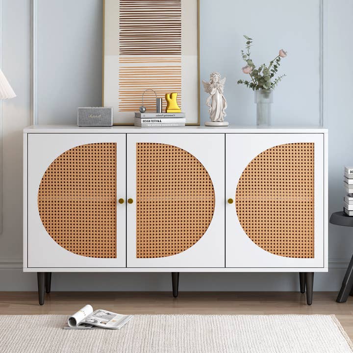 Urban Meuble - Wholesale Cabinet - White wood-effect sideboard with 3 rattan doors, golden handles and legs 129.8x40x76cm OMOIL WHITE2
