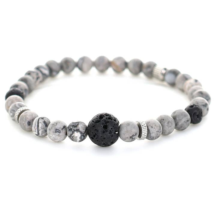 Bracelet in Picasso and Lava Stone, Grey Black Metal for wholesale by MWM fashion