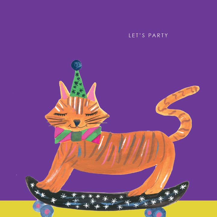 Hutch Cassidy - Vendita all'ingrosso Biglietti di auguri - Biglietto di Auguri di Compleanno 'Gatto Festaiolo sullo Skateboard'