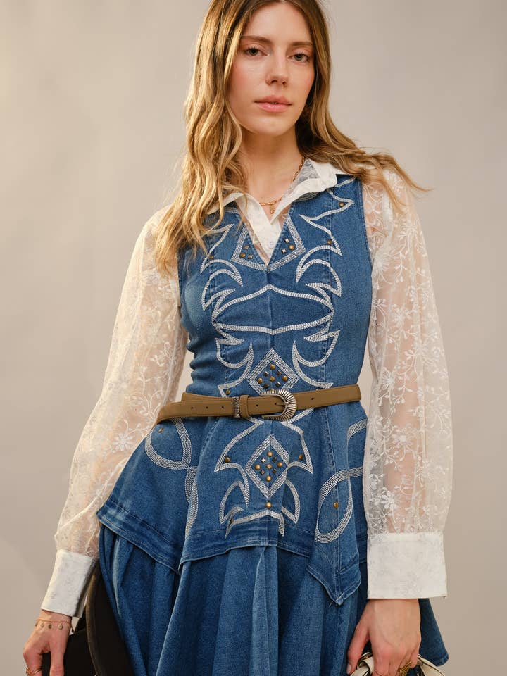 47024D - Västerländsk Stickad Utsvängd Denim Miniklänning för wholesale av Blue B